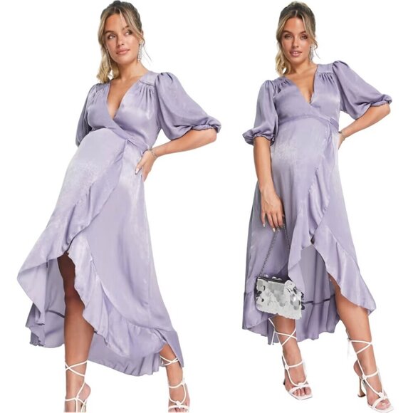 Flounce London Maternity Satin Puff Sleeve Wrap Maxi Dress Women's 12 Purple NWT - Picture 2 of 16